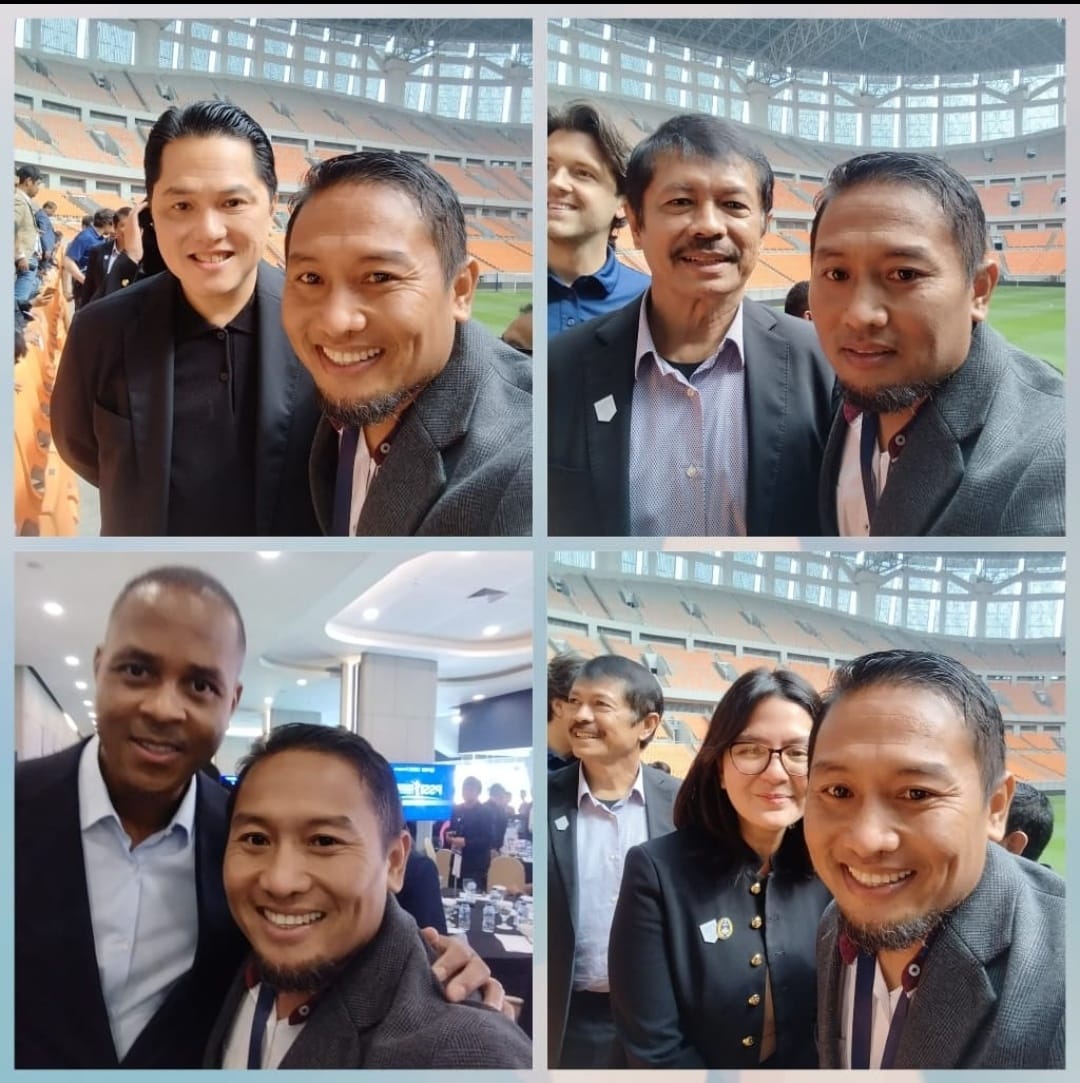 Searah jarum jam, ADi Putra Setiawan bersama Erick Thohir, Indra Sjafri, Ratu Tisha, dan Patrick Kluivert.