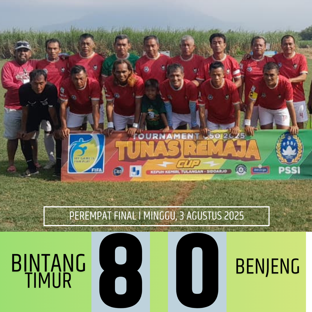 Skor Binytang Timur Gresik bisa mengalahkan Benjeng di babak perempat final Tunas Remaja Cup U50 2025.