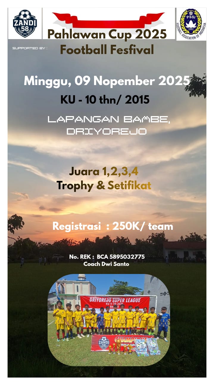 Pengumuman kejuaraan Piala Pahlawan U-10 yang dilaksanakan oleh pemain PON Jatim 2000 Dwi Santo Putro.